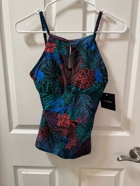 Ellen Tracy TankiniFloral Black Blue Orange Red Built in Bra Sz 6